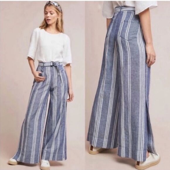 Anthropologie Wide Leg Pants Womens Size 6P‎ Blue Stripe Linen Cotton Blend - Picture 1 of 7